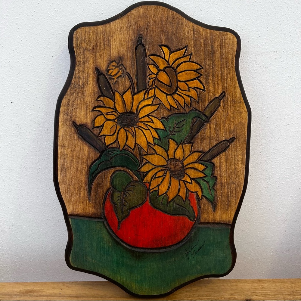 Vtg Hand Carved Wood Sunflower cattails wall plaque Signed 1983 Boho Folk Cottag